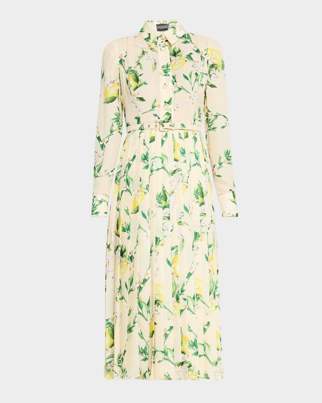 Lemon-Print Long-Sleeve Pleated Midi Shirtdress With Belt